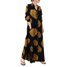 Women Casual Dubai Kaftan Robe Printed Muslims-Yellow 5XL