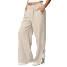 Womens Pants Elastic Wide LegPants with Pockets Ruffle-Beige XL