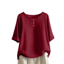 Women's Casual/Formal Loose Fit Button-Down Cotton-Burgundy M