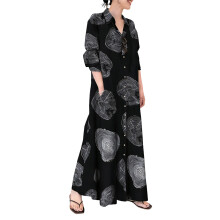 Elegant Printed Muslims Long Dress Loose Long Sleeve-Black XXL