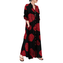 Women Casual Dubai Kaftan Robe Printed Muslims Dresses-Red 3XL