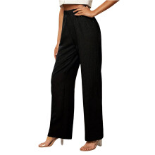 Linen Pants Women Wide Leg Drawstring Elastic Waist-Black S