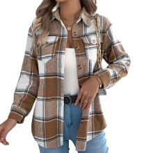 Damen-Herbst-Blusenjacke aus Kunstwolle mit Karomuster,-Khaki L