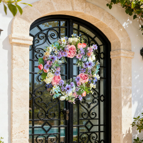 Realistic Rose Hydrangea Wreath With Leaves for Door Hallway 1