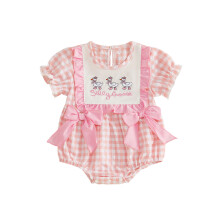 (6-12 Months, Pink) Baby Girls Summer Plaid Romper Goose Embroidery Cute Bow Short Sleeve Newborn Jumpsuit for Toddler