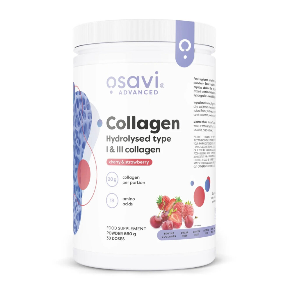 Osavi Collagen Peptides, Hydrolyzed Type 1 & 3 – Powder 600g | 20g Collagen per Serving | 18 Amino Acids, Including Glycine | Supports Muscles and Bones | Cherry & Strawberry Flavour | Easily Soluble - Image 4