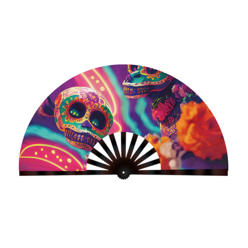 Fluorescent Glow Glittering Folding Hand Fan-Flower skull D