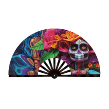 Reflective Glow Colorful Folding Hand Fan with-Flower skull A
