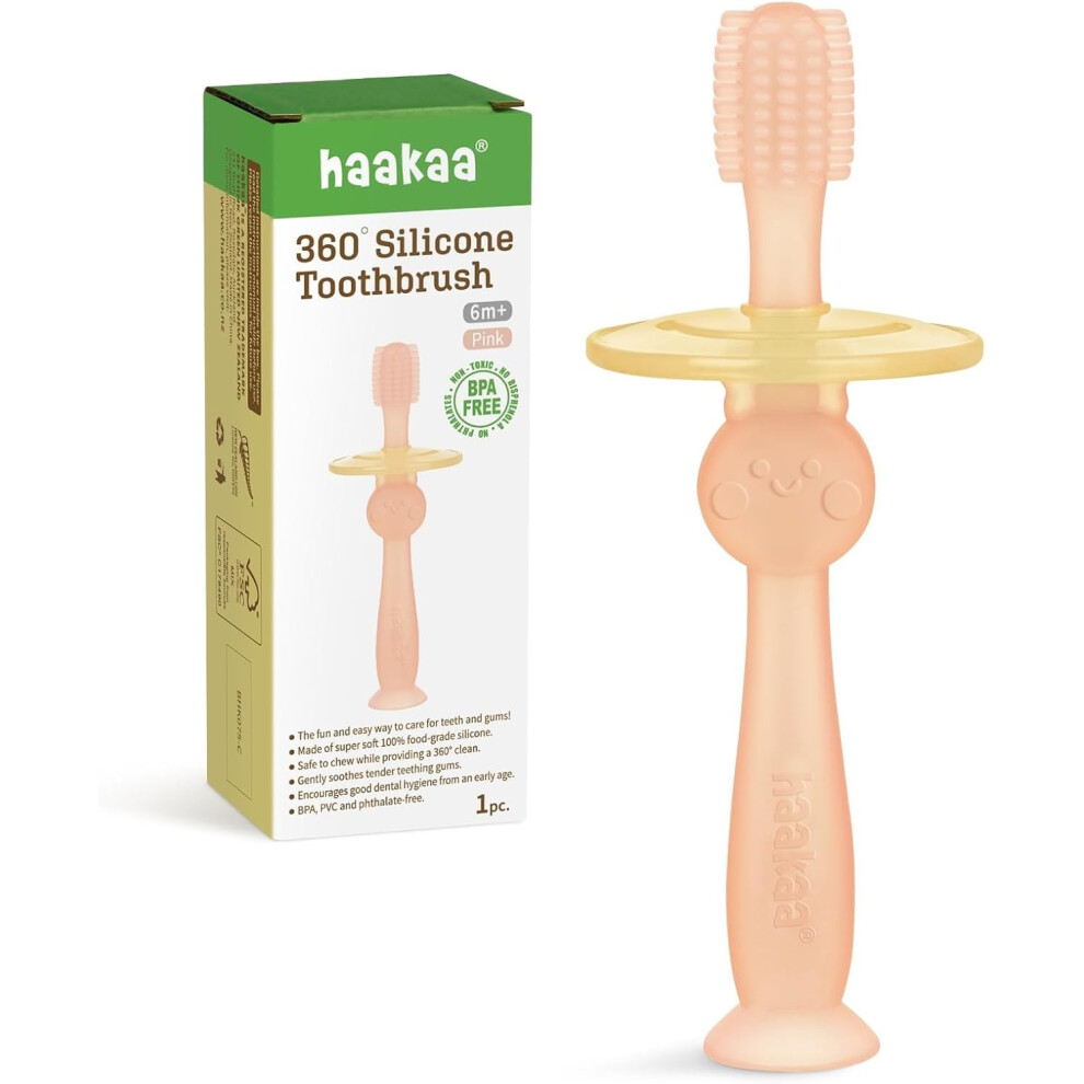 Haakaa 360° Silicone Baby Toothbrush Teether Gift Massage Teething Gum Cleaner Soother (Pink)