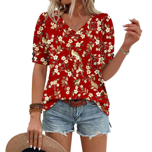 Women's  Short Sleeve Button-Down V-Neck Shirts rSets -Beige M 2