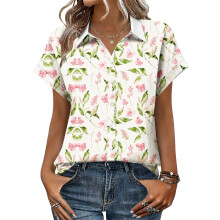 Women's V-neck short-sleeved shirt, casual-Khaki L