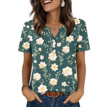 Womens Tops V Neck Short Sleeve Shirts Casual-Army Green S