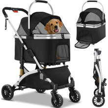 Faltbarer 3-in-1 Hund Katze Kinderwagen, Tierwagen mit 360 Rädern, Aufbewahrungskorb, Netzfenster, Becherhalter