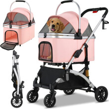 Faltbarer 3-in-1 Hund Katze Kinderwagen, Tierwagen mit 360 Rädern, Aufbewahrungskorb, Netzfenster, Becherhalter