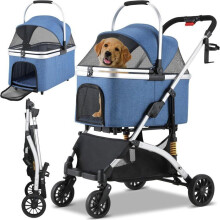 Faltbarer 3-in-1 Hund Katze Kinderwagen, Tierwagen mit 360 Rädern, Aufbewahrungskorb, Netzfenster, Becherhalter