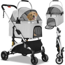 Faltbarer 3-in-1 Hund Katze Kinderwagen, Tierwagen mit 360 Rädern, Aufbewahrungskorb, Netzfenster, Becherhalter