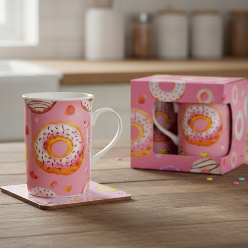 Kandy Toys Doughnut Design Kids Mug & Coaster Set Reusable Cup
