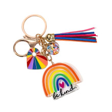 Mooie hartvormige sleutelhanger met kwastjes voor-Regenboog