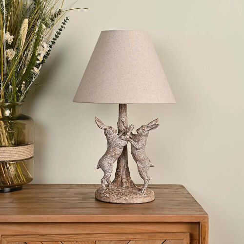 Table Lamp 3D Resin Hares Wood Effect with Lamp Shade Bedside Night Light 46cm 1
