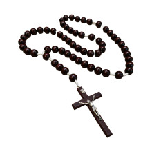 Elegant Red Wooden Bead Crucifix Pendant Necklace Adjustable