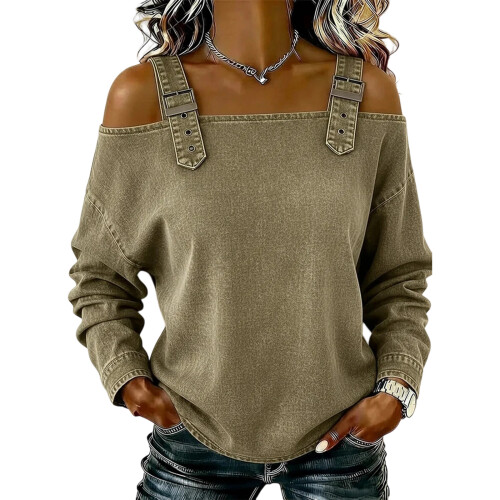 Comfortable Cowboy Style Long Sleeve Shirt Adjustable-Khaki M
