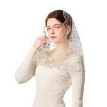 Spanish Floral Embroidered Head Scarf Polyester Elegant-White