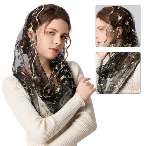 Spanish Floral Embroidered Head Scarf Polyester Elegant-White 2