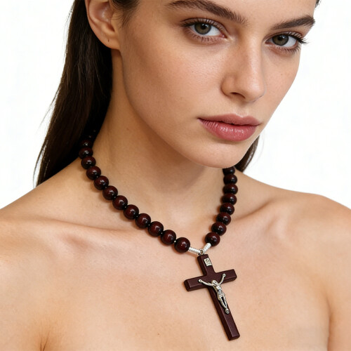 Collier Crucifix en perles de bois à longueur réglable, perles 1