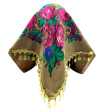 Golden Sparkling Peony Design Scarf For Women As-khaki