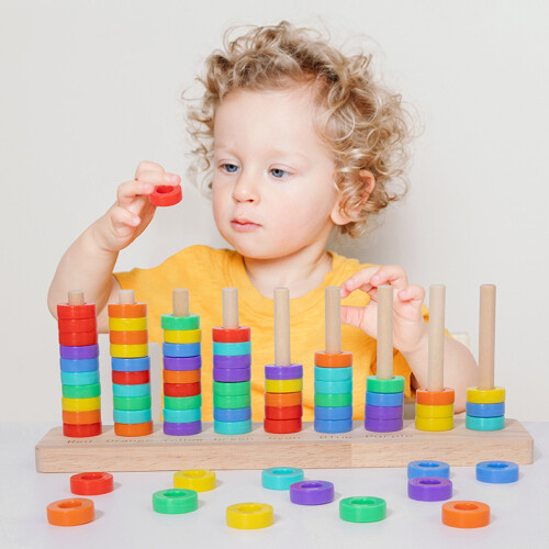Early Learning Wooden Toy Rainbow Color Sorting Rings Stacking 2