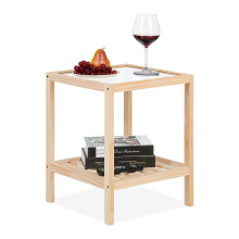 Table basse avec plateau en verre - Bois de pin, 2 étagères