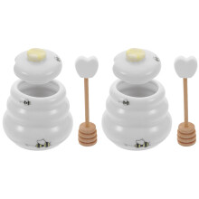 2Pcs Decorative White Ceramic Honey Jar with Lid and Wooden Dipper