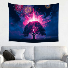 Fantasy Flames Tree Tapestry, Plains Night Sky Fireworks Show Wall Art for Bedroom, Living Room, Dorm, or Apartment Decor - 40x30in
