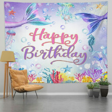 Mermaid Theme Happy Birthday Tapestry, Purple Pink Blue Under the Sea Wall Art Tapestry for Bedroom, Living Room, Dorm or Party Decor - 60x50in
