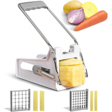 French Fry Cutter with 2 Stainless Steel Blades | Compatible with Potatoes, Carrots, Cucumbers & Onions | Non-Slip Base | Grey & White
