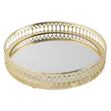 Golden Iron Jewelry Storage Tray Glass Mirror Makeup Manager Desktop Cosmetic Dessert Decorative Display Tray 17.5Cm
