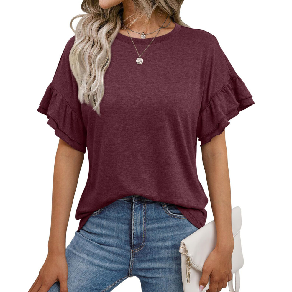 Red Women's Ruffle Short Sleeve Shirts Casual Crewneck - L