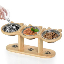 Conjunto de comedouros elevados ajustáveis para gatos (em madeira) - Alimentador para animais de estimação em aço inoxidável com inclinação