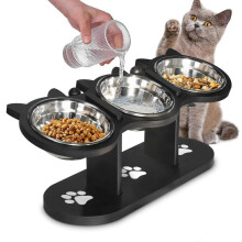 (Schwarz) Verstellbares, erhöhtes Katzennapf-Set – 15 Grad geneigter Edelstahl-Futternapf mit Holzständer für Futter und Wasser, 3-in-1