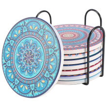 Dessous de verre pour boissons, 8 dessous de verre absorbants en pierre pour table en bois, dessous de verre en céramique Mandala avec motif