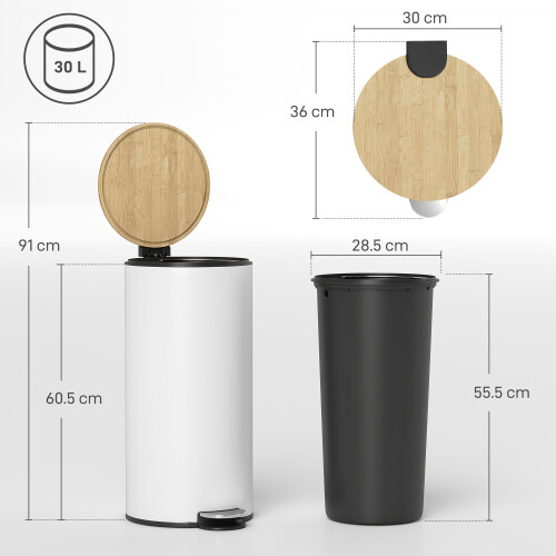 Homcom HOMCOM Kitchen Bin, 30 Litre Pedal Rubbish Bin with Removable Bucket, White 2