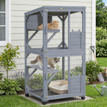 PawHut Outdoor Catio, Wooden Cat House on Exercise Wheels Indoor Outdoor