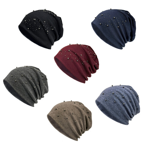 Faux Pearls Decorated Women's Beanies Cap Polyester Winter-Blue 1