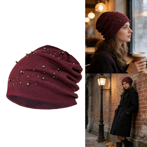 Faux Pearls Decorated Women's Beanies Cap Polyester Winter-Blue 2