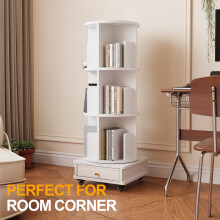 Rotating Bookshelf with Wheels 3 Layers Mobile Bookshelf with One Drawer Corner Bookcase for Study Room