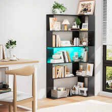 5 Layers Corner Bookshelf Wood Triangular Bookshelf with Lamp Strip & Open Shelf for Living Room