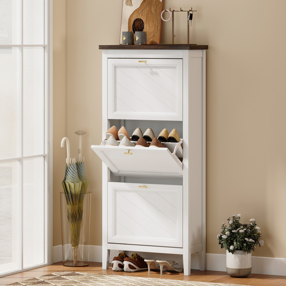 Homcom Shoe Cabinet With 3 Flip Drawers, Narrow Shoe Storage Cabinet, White