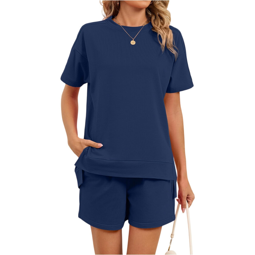 Women's two-piece casual shorts set-Navy Blue L