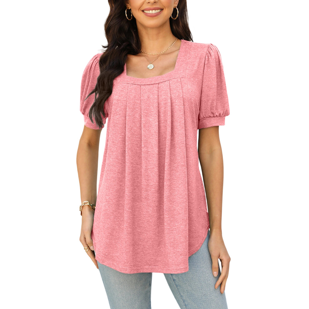 Pink Women's Summer Short-Sleeved Ruffled Square Neck Shirt- Xxl