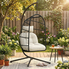 Outsunny Hanging Egg Chair, Outdoor Swing Chair with Stand, Black/Cream